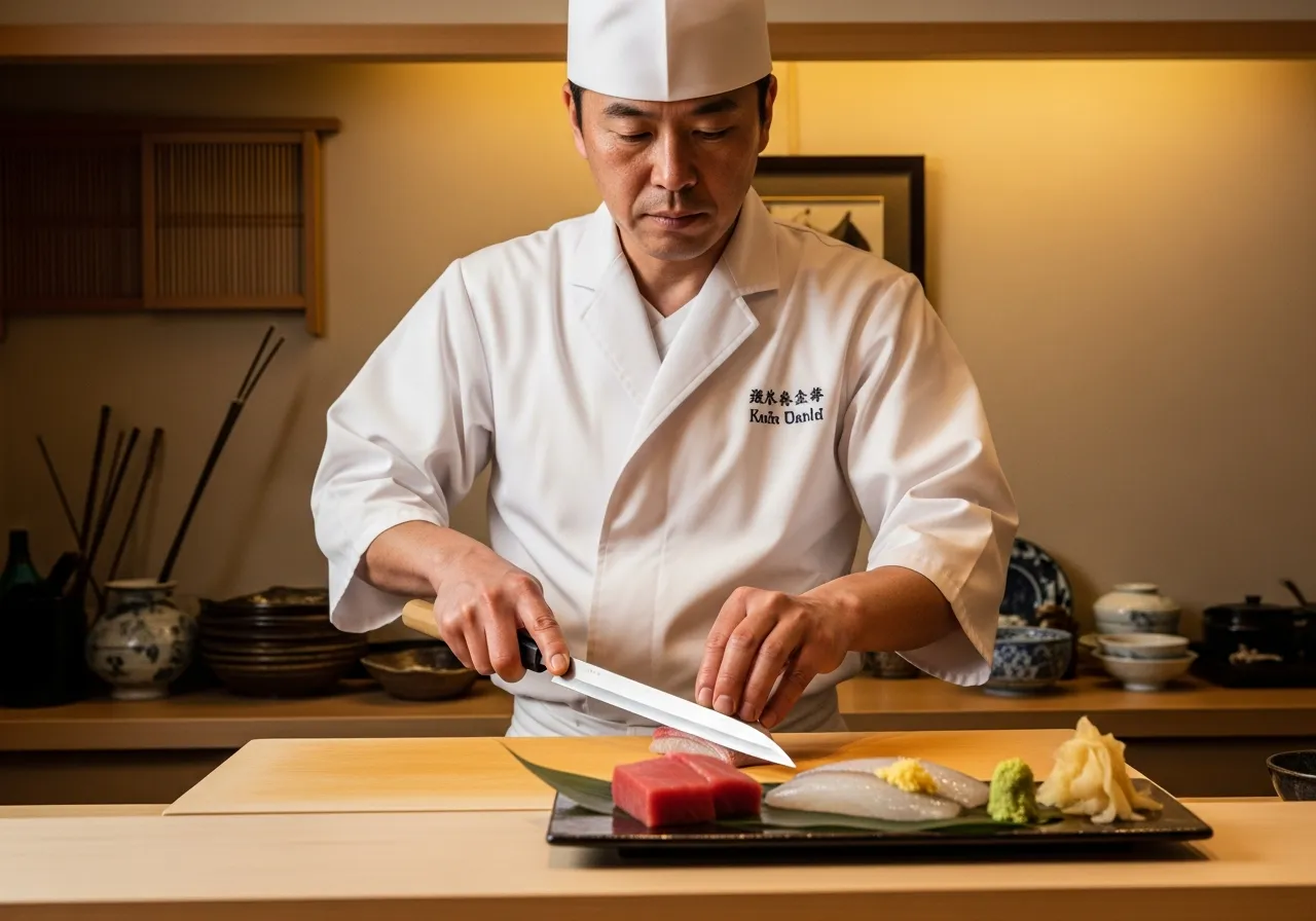 Chef Morimoto preparing nigiri at the counter