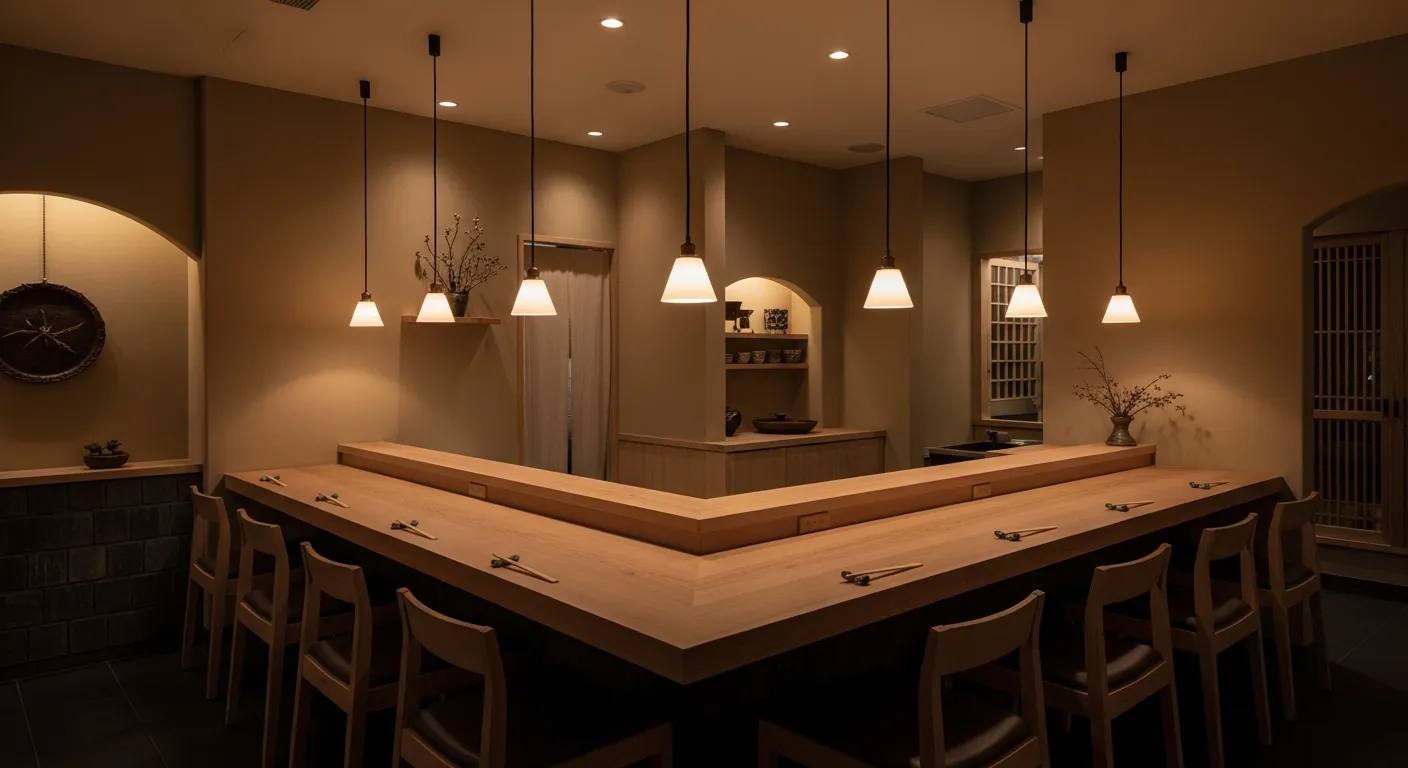 NORI restaurant interior — hinoki wood counter, eight seats